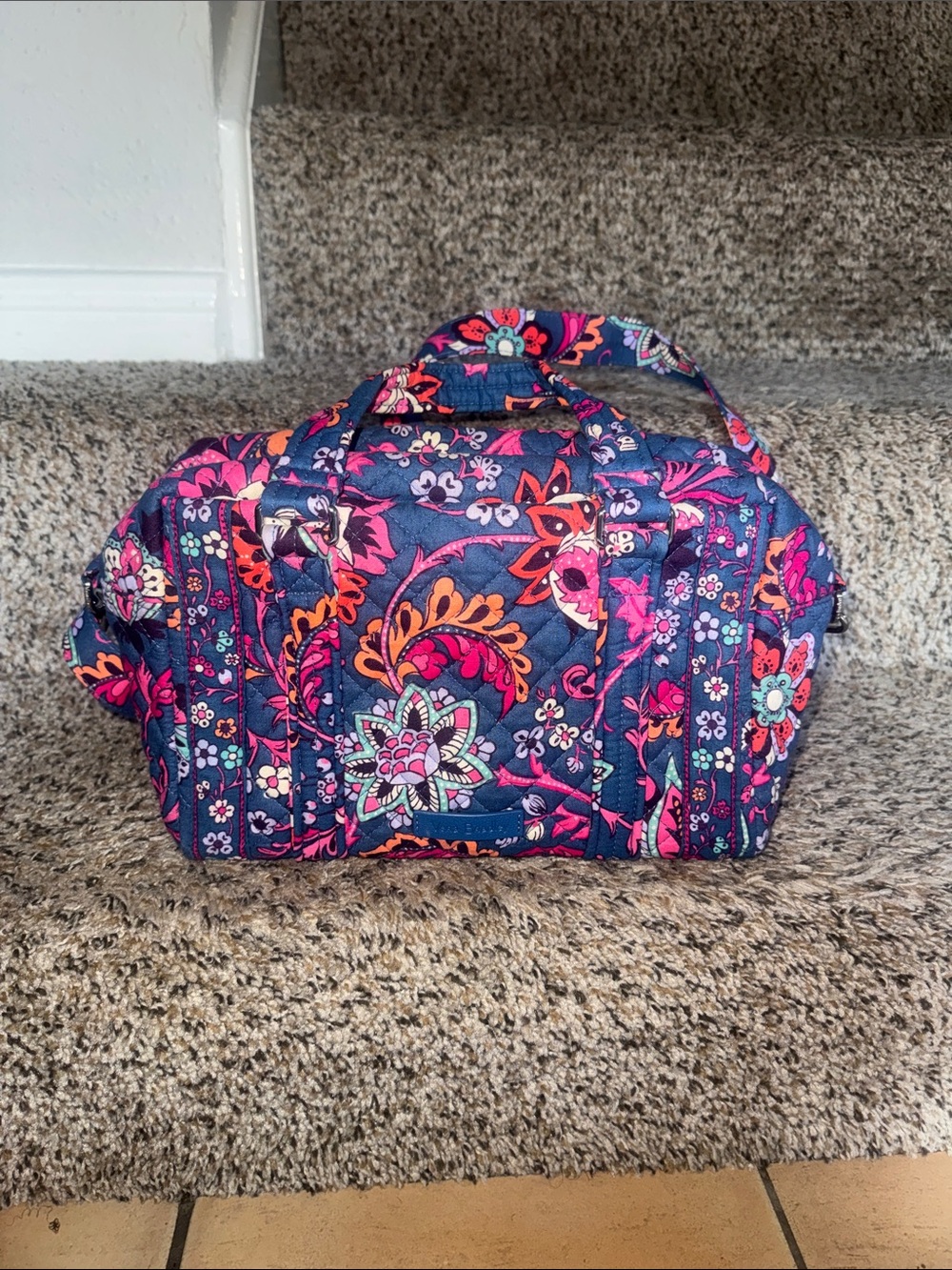 Vera Bradley Quilted Navy Shoulder Bag with Pink and Orange Floral Print